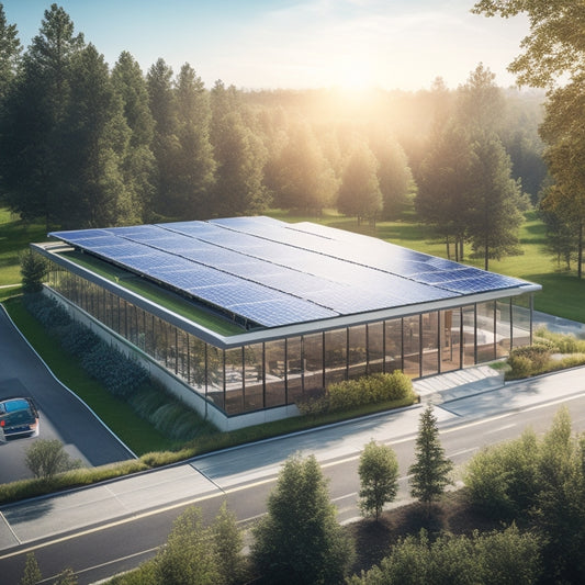 A modern office building with solar panels on the roof, surrounded by greenery, showcasing a bright sun overhead, employees engaged in work, and electric vehicles charging, all symbolizing sustainability and eco-friendliness.