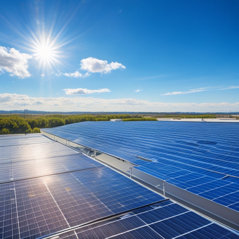 A photograph of a rooftop with multiple high-efficiency solar panels from top brands, such as Tesla, Panasonic, and SunPower, installed at an angle, with a clear blue sky and fluffy white clouds in the background.