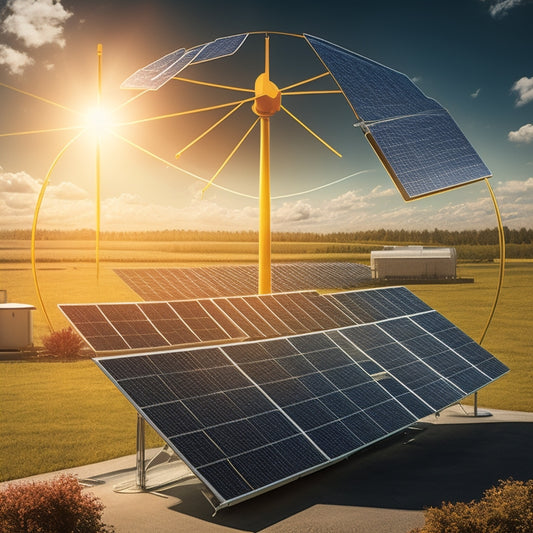 An illustration featuring a large solar panel with arrows and lines radiating from it, connecting to icons of a factory, a globe, a dollar sign, and a chart with fluctuating lines.