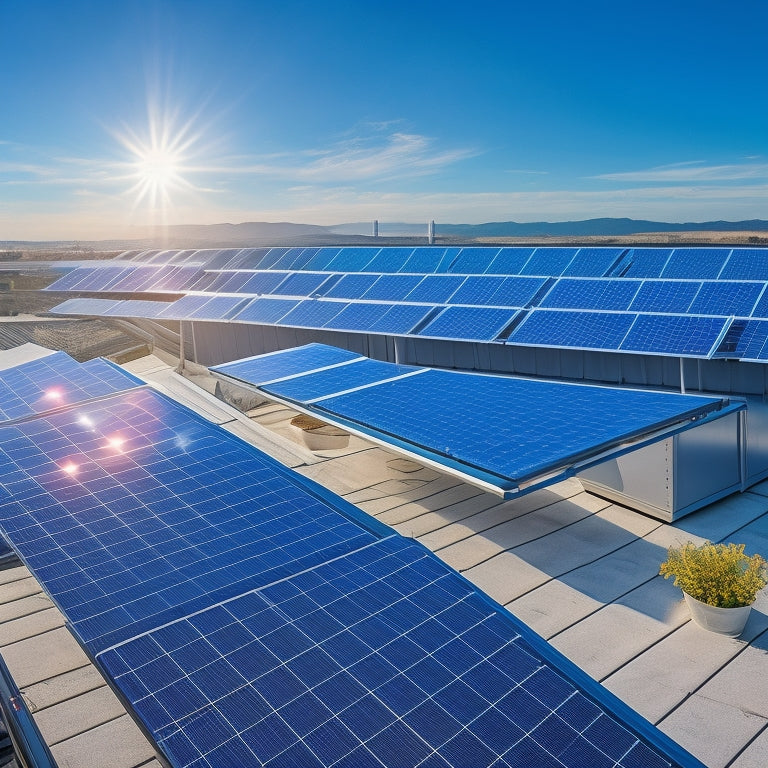 Generate an image of an expansive rooftop covered in sleek solar panels, glowing under a bright blue sky, with a computer and tablet displaying clean energy monitoring graphs and charts in the foreground.