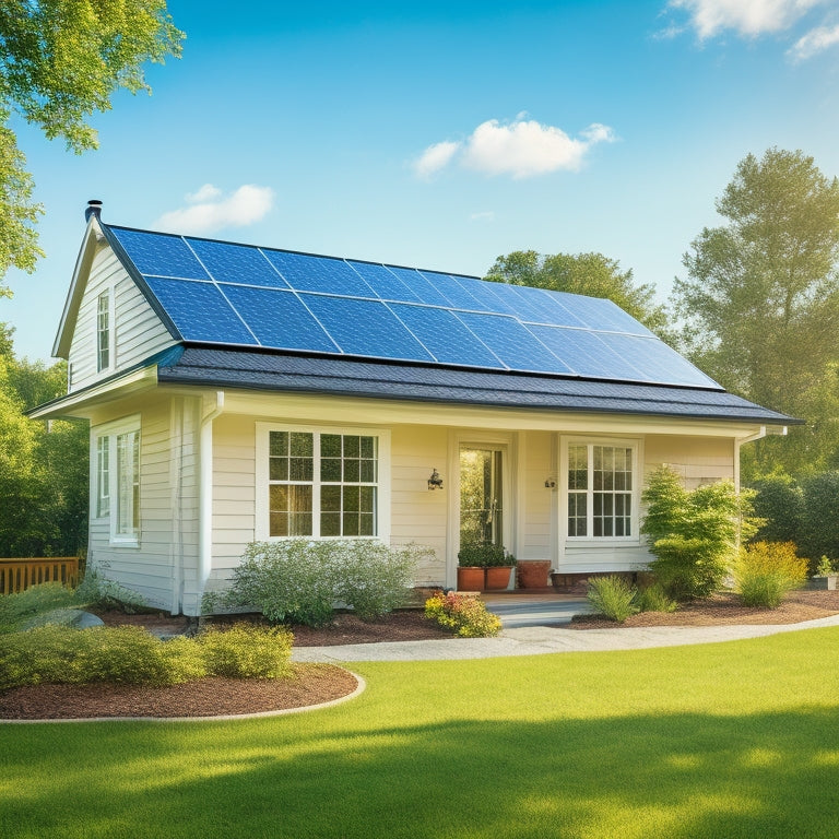 A serene suburban home with a mix of solar panels on its roof, a few installed at an angle, and a small panel on the garden shed, amidst lush greenery and a clear blue sky.