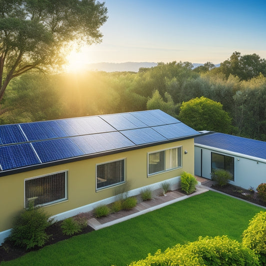 A vibrant solar panel array on a rooftop, connected to a sleek, modern battery storage unit in a sunlit backyard. Lush greenery surrounds the home, symbolizing energy independence and sustainability.