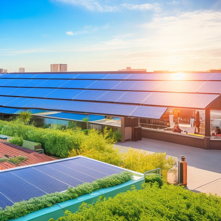 A small business rooftop adorned with sleek solar panels, surrounded by lush greenery, with bright sunshine illuminating the panels, a bustling marketplace below filled with eco-conscious shoppers, and clear blue skies overhead.