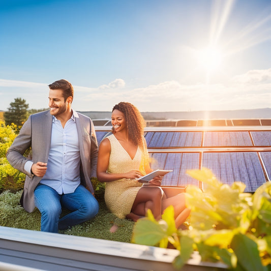 A small business rooftop adorned with solar panels, wind turbines on the side, and lush greenery surrounding. Sunlight beams down, highlighting energy-efficient appliances inside, while a happy owner checks their savings on a tablet.