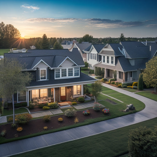 A serene suburban neighborhood with three houses, each with a unique residential solar system installation, showcasing different panel arrangements, roof types, and surrounding landscaping.