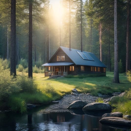 A serene remote cabin nestled in a lush forest, solar panels on the roof reflecting sunlight, surrounded by pine trees and wildflowers, with a clear blue sky above and a small stream nearby.