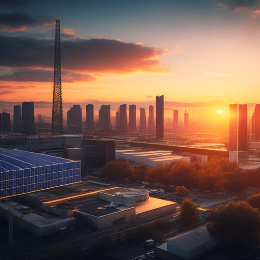 A futuristic cityscape at sunset with sleek, modern buildings, featuring a mix of rooftop and wall-mounted solar panels, amidst a subtle grid of power lines and transmission towers.