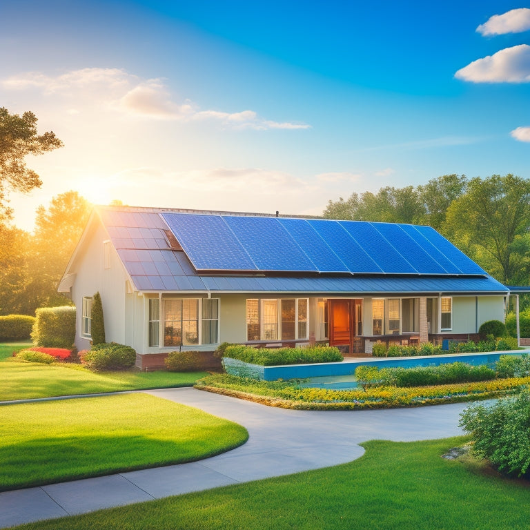 A serene landscape with a suburban home in the center, featuring a roof with a prominent solar panel array, surrounded by lush greenery and a bright blue sky with a few wispy clouds.