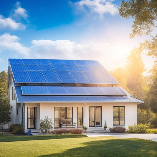 A serene suburban home with a sleek, modern solar panel array on its roof, surrounded by lush greenery and a bright blue sky with a few wispy clouds.