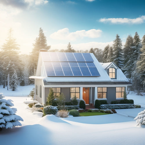 A serene suburban home with a mix of snowy and solar panels on the roof, surrounded by lush greenery, with a bright blue sky and fluffy white clouds.