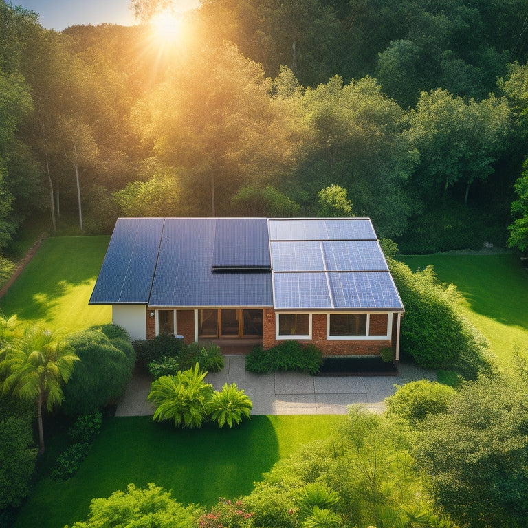 An aerial view of a single-story house with a sloping roof, surrounded by lush greenery, featuring a solar panel array installed on the roof with a few panels slightly angled.