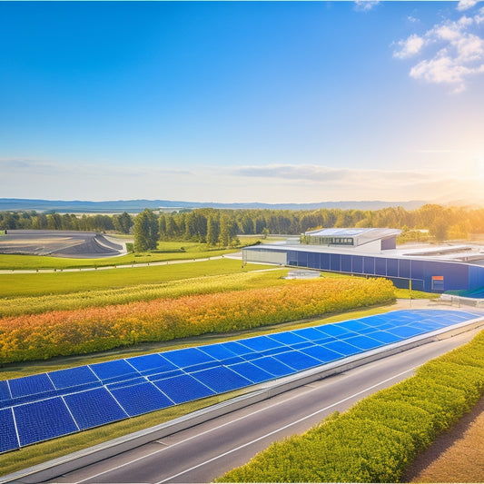 A vibrant green landscape featuring a modern eco-friendly building with solar panels on the roof, surrounded by flourishing vegetation, a clear blue sky, and solar-powered electric vehicles parked nearby, symbolizing sustainability and innovation.