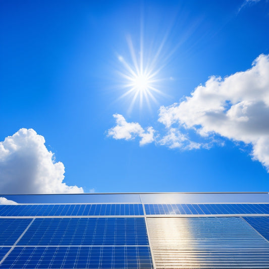 A bright blue sky with a few fluffy white clouds, a large commercial building with a rooftop covered in sleek, black solar panels, and a subtle, shiny graph trending upward in the foreground.