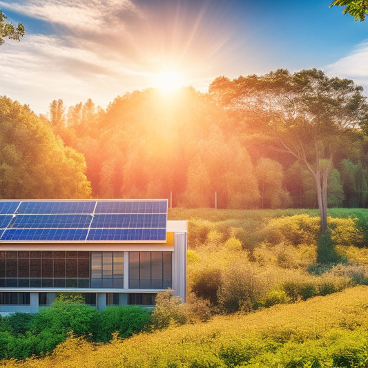 A vibrant solar panel array glistens under a bright sun, surrounded by lush greenery. In the background, a modern office building features large windows, showcasing employees engaging in eco-friendly practices.