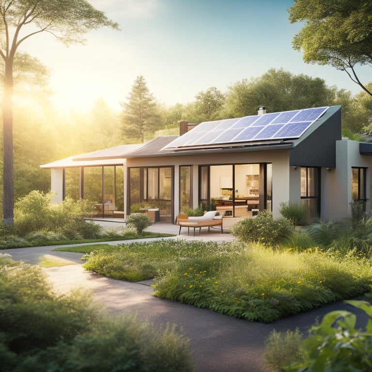A bright sun illuminating a modern home with solar panels on the roof, surrounded by lush greenery, while a family joyfully plants a garden, symbolizing savings and sustainability in a vibrant, eco-friendly environment.