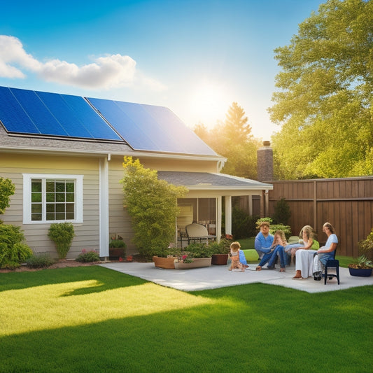 A sunny suburban backyard with a neatly arranged solar panel kit being installed on a roof, surrounded by green trees, a blue sky, and a family observing the progress with smiles and interest.