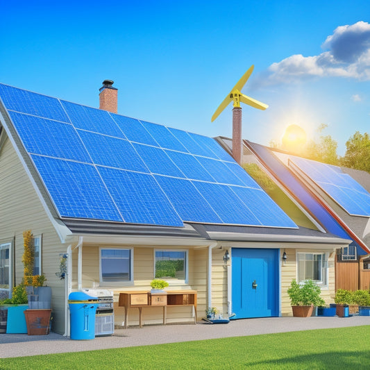 An illustration of a residential rooftop with solar panels, surrounded by icons representing various cost elements: money bags, a hammer, a roof repairman, and a utility meter, set against a bright blue sky.