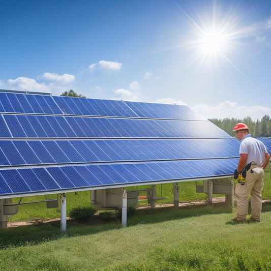 A clean, well-maintained solar panel array glistening under the sun, surrounded by clear skies and lush greenery, with a technician in safety gear inspecting the panels using advanced tools and equipment.