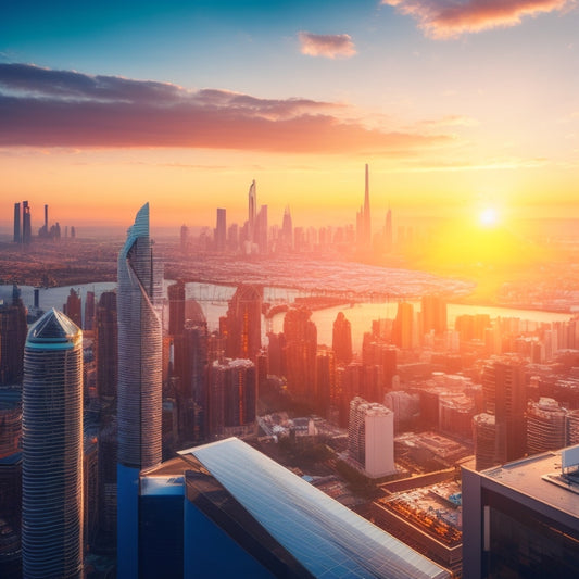 A futuristic cityscape at sunset, with a large, sleek skyscraper in the center, its rooftop and balconies covered in sleek, black solar panels, amidst a backdrop of clear blue sky and fluffy white clouds.