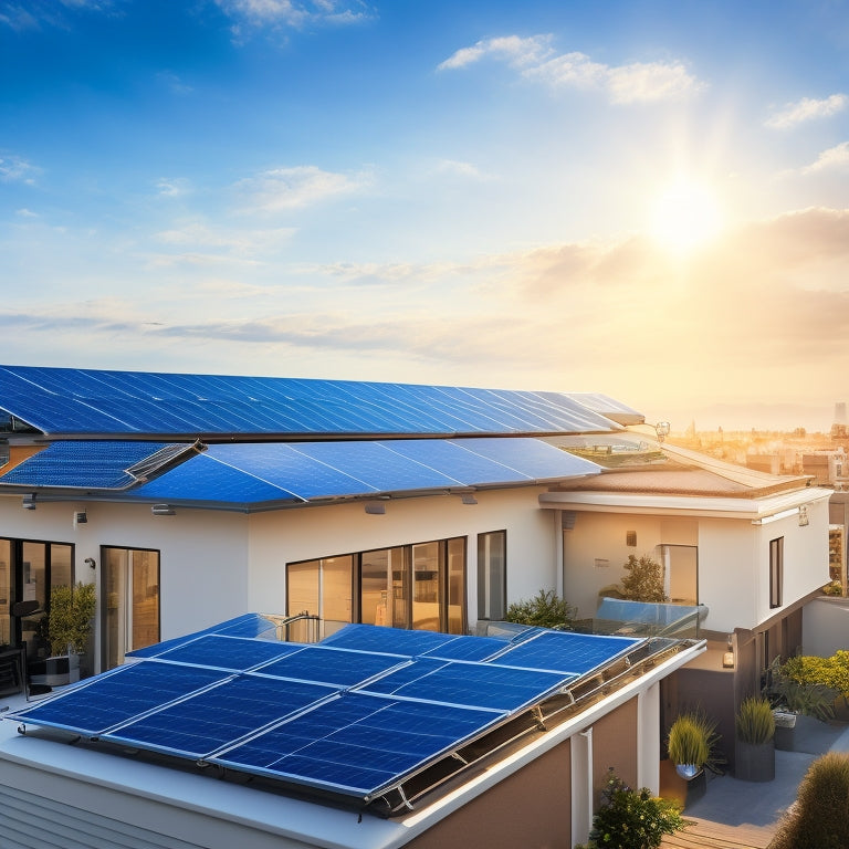 A photorealistic illustration of a residential rooftop with various solar panels from top brands, showcasing different sizes, angles, and mounting systems, set against a bright blue sky with fluffy white clouds.