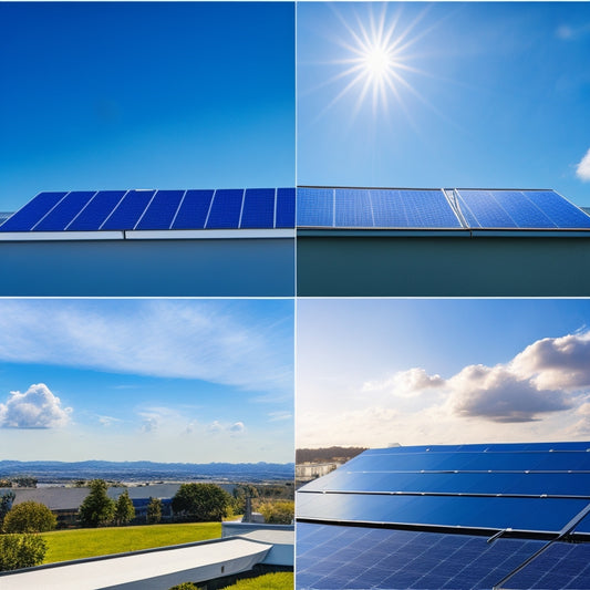 A split-screen image: a sleek, modern rooftop with integrated sun panels versus a traditional solar panel array on a cluttered roof, both set against a bright blue sky with a few wispy clouds.