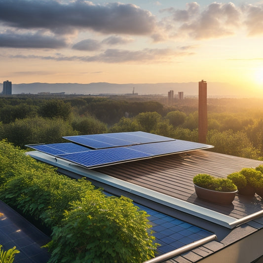 A serene rooftop with a row of sleek solar panels, one slightly tilted for inspection, surrounded by lush greenery, with a subtle sunbeam casting a warm glow on the scene.