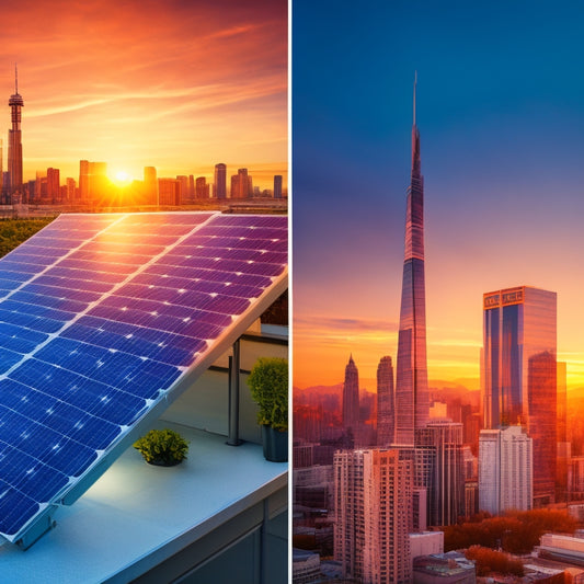 A split-screen image with a cityscape at sunset on one side, featuring sleek, modern skyscrapers with solar panels installed on rooftops, and a detailed, close-up illustration of a solar panel's cells and wiring on the other side.