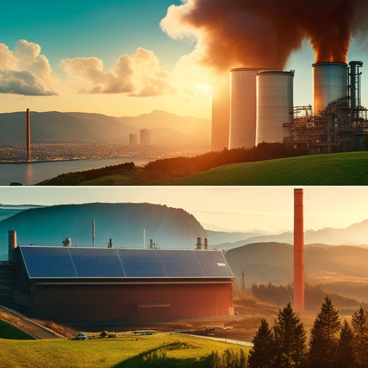 A split-screen image featuring a bright, sunlit solar panel array on a green hillside alongside a dark, smoke-spewing industrial power plant with twisted pipes and towering stacks.