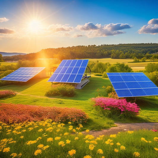 A vibrant landscape featuring a solar panel farm under a bright blue sky, surrounded by lush greenery and wildflowers, with a distant view of a sustainable home powered by solar energy.