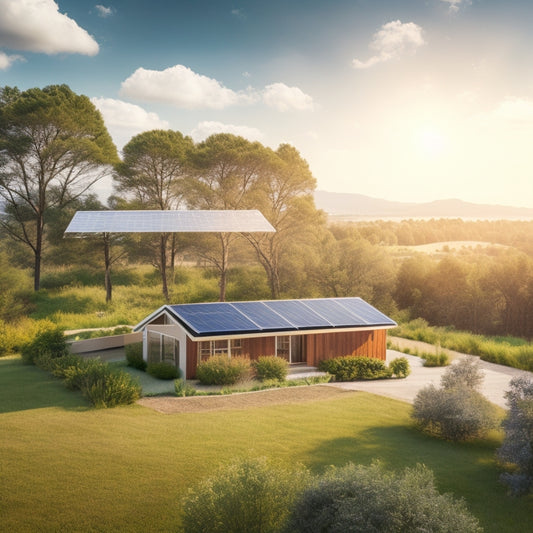 A serene landscape with a small, eco-friendly home in the distance, surrounded by lush greenery, with a subtle solar panel array on the roof, shining brightly under a clear blue sky with a few wispy clouds.