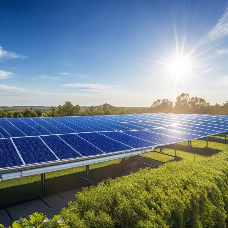 High-resolution image of sleek commercial solar panels on a modern rooftop, sun shining brightly, surrounded by lush greenery and a clear blue sky, showcasing an eco-friendly and cost-effective energy solution for businesses.