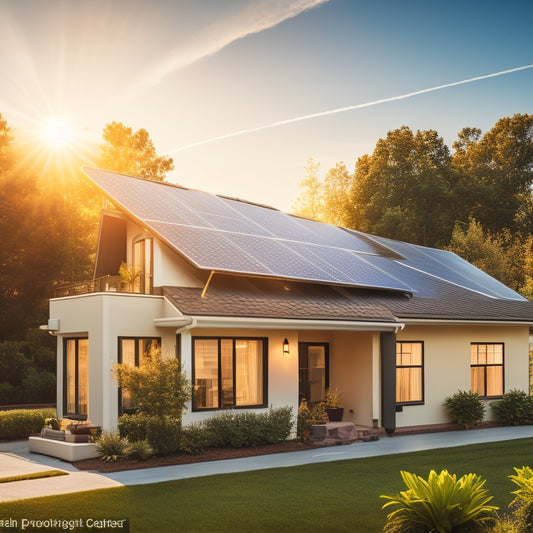 A bright sun casting golden rays over a modern suburban home with sleek solar panels on the roof, surrounded by lush greenery, while a meter shows energy savings, and a graph illustrating rising financial benefits in the background.