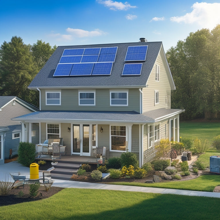 A sunny suburban home with a rooftop ladder, toolbox, and solar panels in various stages of installation, surrounded by measuring tape, wires, and a partially completed electrical grid.