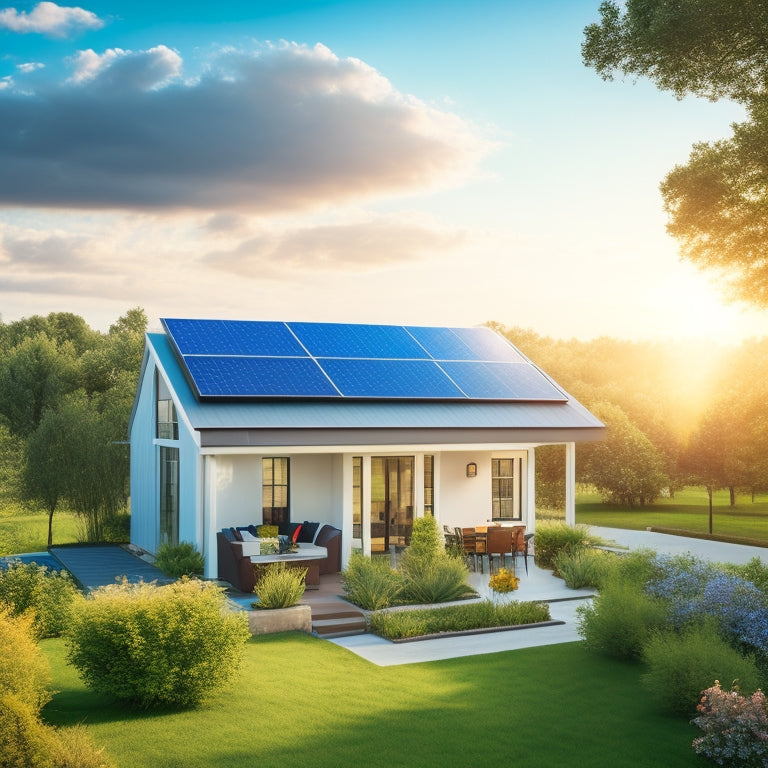 A serene suburban landscape with a modern, sleek, and silver solar panel array installed on a rooftop, surrounded by lush greenery and a few fluffy white clouds in a bright blue sky.