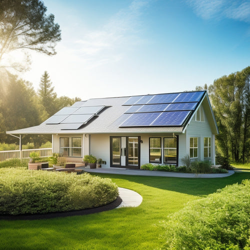 A serene suburban home with solar panels installed on its roof, surrounded by lush greenery, under a clear blue sky with a few wispy clouds, conveying a sense of eco-friendliness and sustainability.