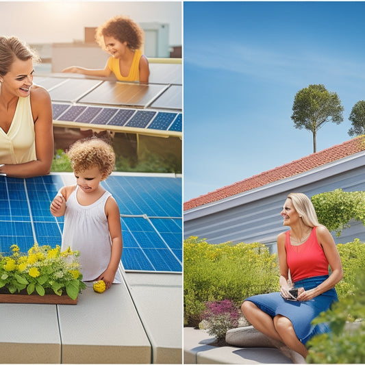 A split image showing a sunny rooftop adorned with sleek solar panels on one side, and a smiling family reviewing their reduced electricity bill on the other, with vibrant green plants in the foreground.
