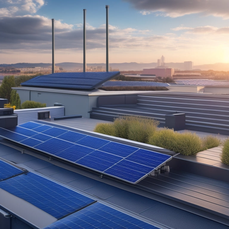 A digitally rendered illustration of a modern rooftop with sleek, black solar panels installed, connected to a sleek, gray electrical distribution box with wires and cables organized neatly.