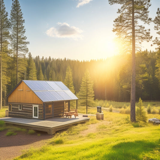 A serene remote landscape with a rustic cabin, surrounded by towering pine trees, solar panels on the roof, and a large battery storage unit nearby, under a bright blue sky and soft sunlight illuminating the scene.