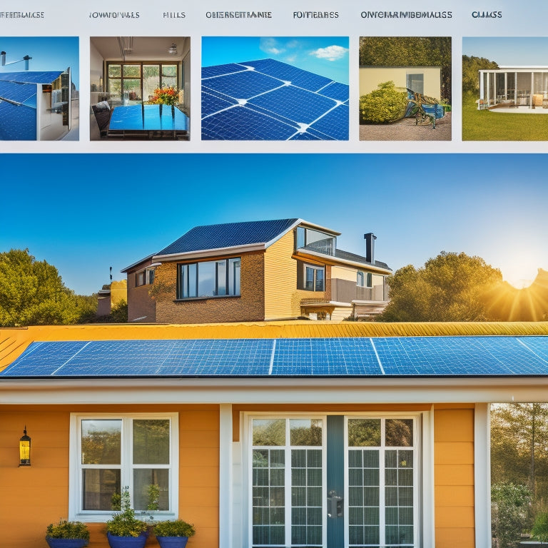 A vibrant online marketplace showcasing sleek solar panels, glowing with sunlight, surrounded by symbols of savings like coins and discount tags, all set against a backdrop of a bright, eco-friendly neighborhood.