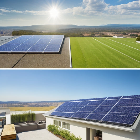 A split-screen image featuring a rooftop with solar panels installed on one side, and a checklist or diagram on the other, illustrating factors such as roof size, material, and angle.