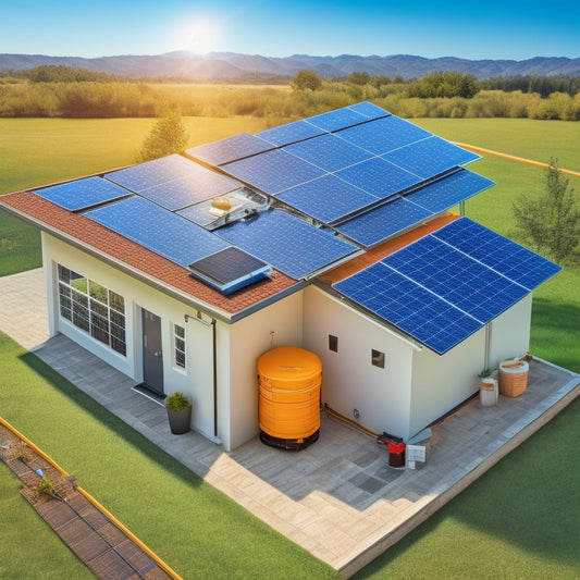 Generate an image depicting a single solar panel installed on a roof, connected to a charge controller, battery, and inverter, with cables and wires neatly organized and labeled with arrows indicating energy flow.
