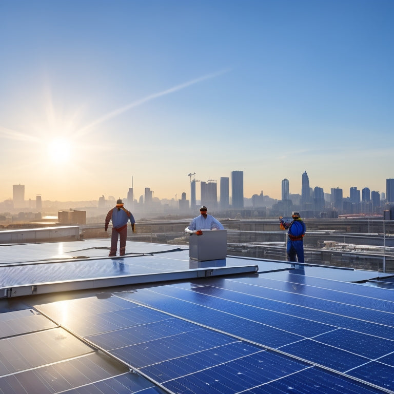 A clean commercial rooftop with solar panels, a technician in uniform inspecting the panels with tools, a bright sunny day, and a background of city buildings, highlighting the professional upkeep and urban environment.