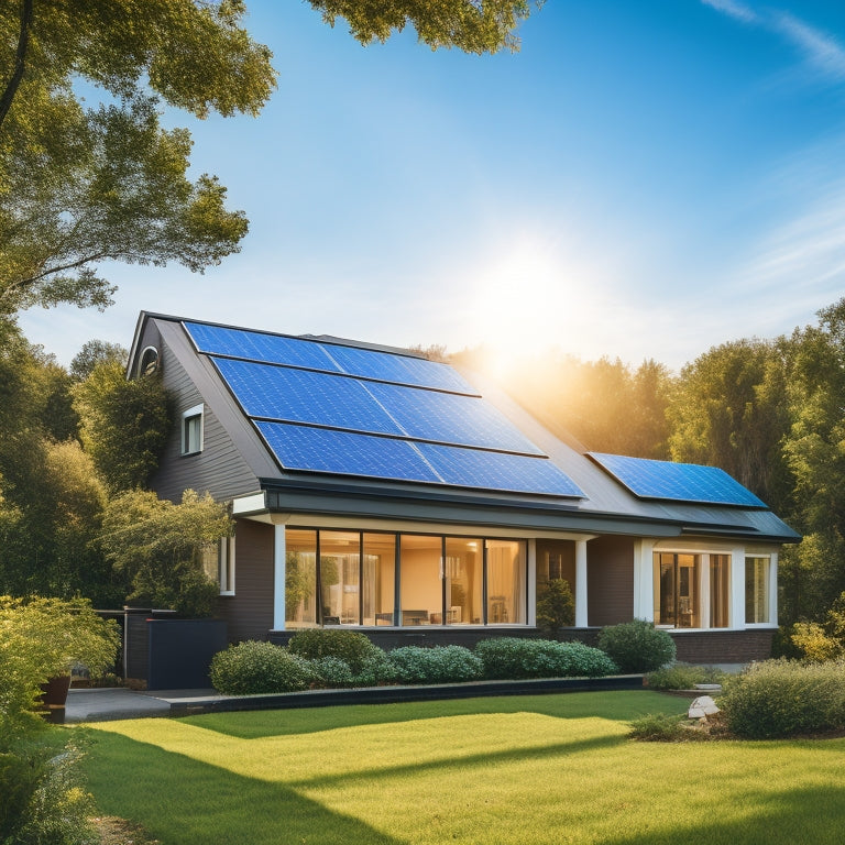 A serene suburban home with a sleek, black solar panel array on the roof, surrounded by lush greenery, amidst a bright blue sky with a few wispy clouds.