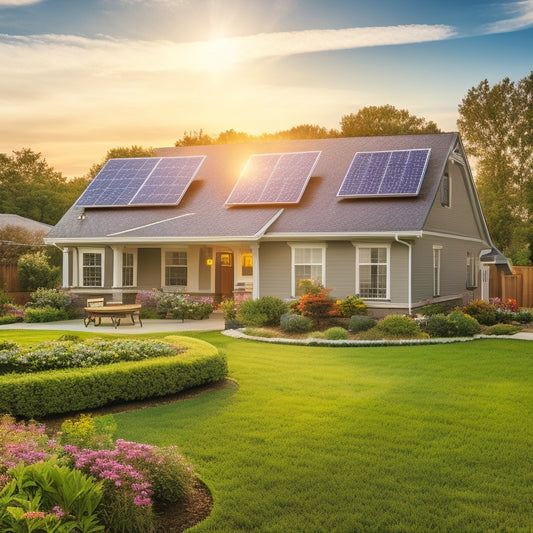 A serene suburban landscape showcasing solar panels on rooftops, vibrant gardens, and a sunlit sky, with a family enjoying their yard, symbolizing sustainability and long-term savings through renewable energy.