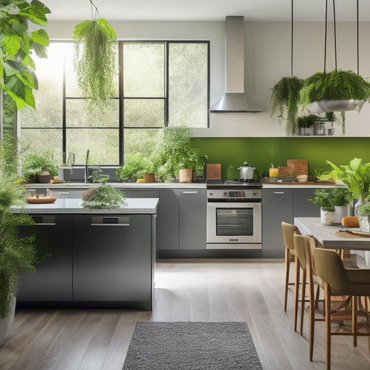 A bright, modern kitchen featuring sleek, energy-efficient appliances, sunlight streaming through large windows, lush indoor plants, and a recycling station, showcasing a harmonious blend of sustainability and style in a green home environment.