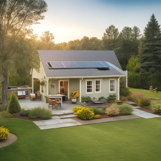 A serene backyard with a single-story house, a lush green lawn, and a few trees, featuring a partially installed solar panel system on the roof, with a toolbox and ladder nearby.