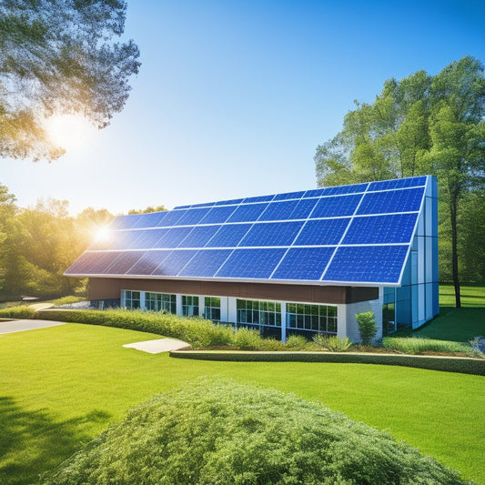 A modern office building with solar panels on the roof, surrounded by lush greenery and a clear blue sky. Sunlight reflects off the panels, showcasing vibrant energy efficiency and innovation for sustainable business practices.