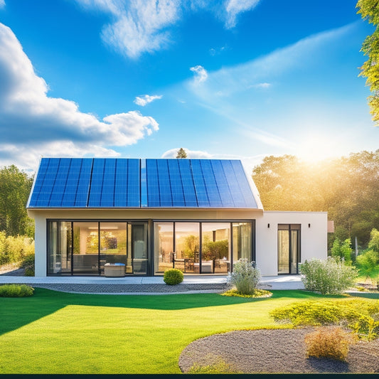 A modern eco-friendly home with solar panels on the roof, a wind turbine in the yard, a lush vertical garden, and energy-efficient windows, all under a bright blue sky with fluffy clouds.