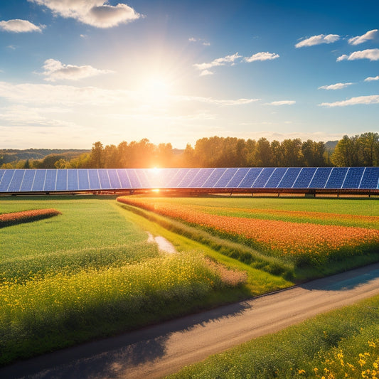A serene landscape featuring a modern solar farm with sleek, black solar panels glistening under the sun, surrounded by lush greenery, wildflowers, and a clear blue sky, symbolizing harmony between technology and nature.