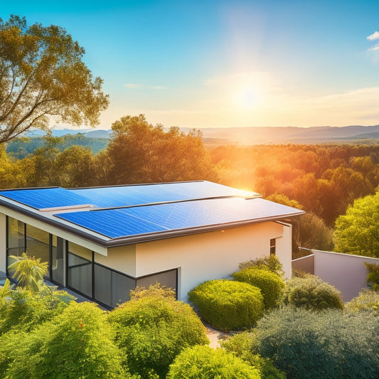 A sunlit rooftop adorned with sleek, modern solar panels glistening against a clear blue sky, surrounded by lush greenery, showcasing a harmonious blend of technology and nature for optimal home efficiency.
